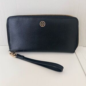 Tory Burch Black Wristlet Wallet with Gold Accents